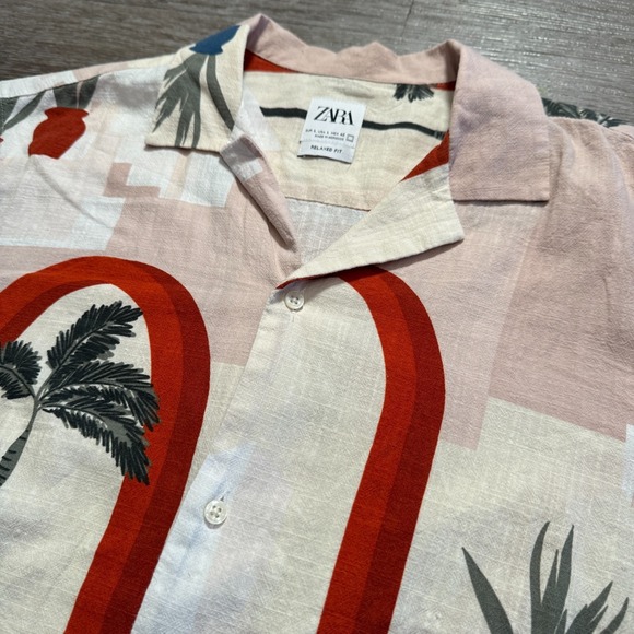 Zara Shirt Mens Large Camp Button Knit Resort Vacation‎ Camp Collar Beach Costal - Picture 2 of 8